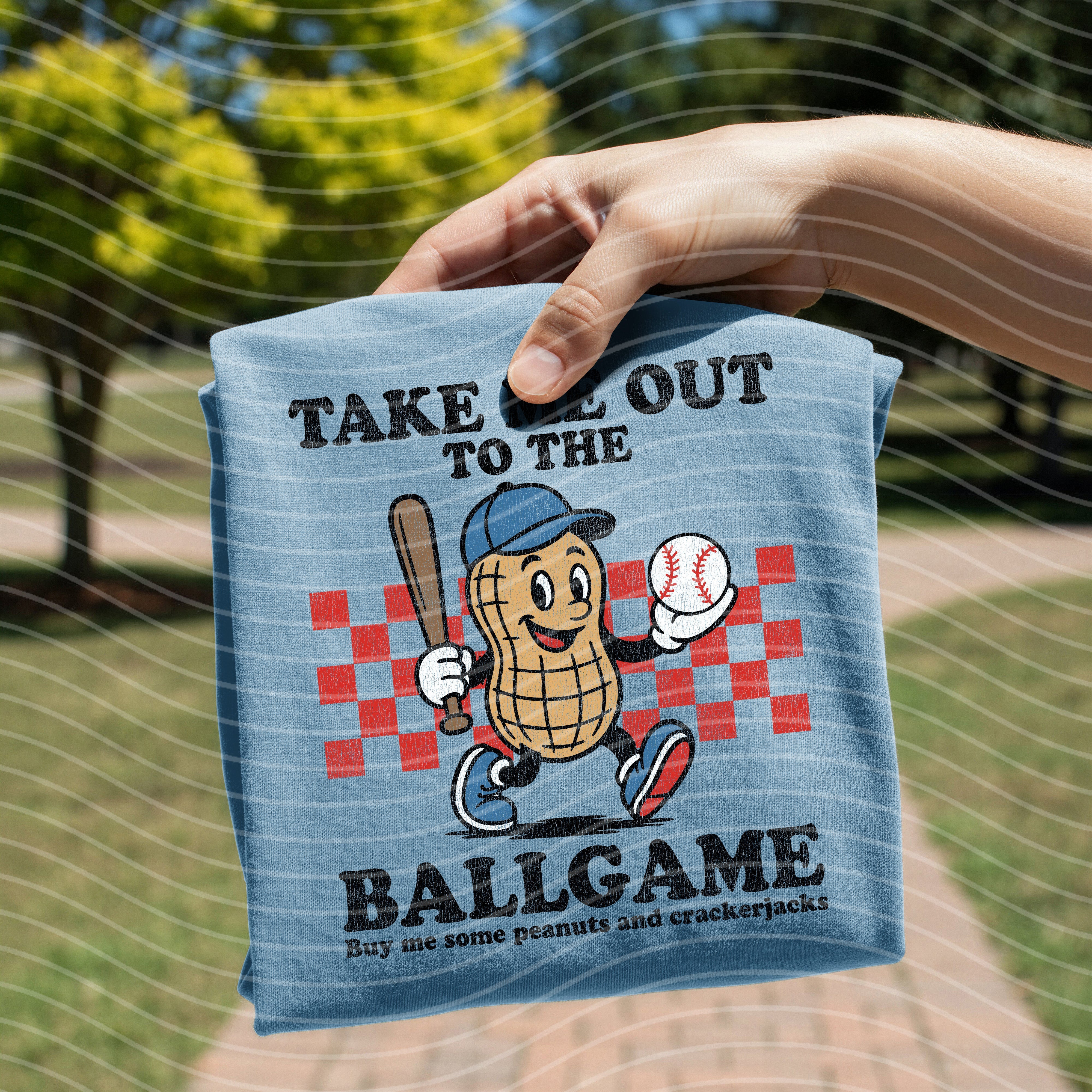 Gray Take Me Out to the Ball Game graphic tee from Anchored Grace Boutique, featuring baseball-themed design.