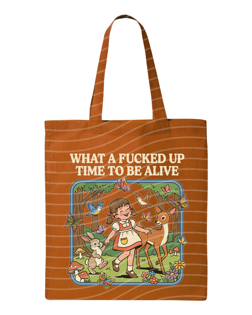 Anchored Grace Boutique tote bag with bold graphic text reading "What a F***ed Up Time to Be Alive" in black and white.