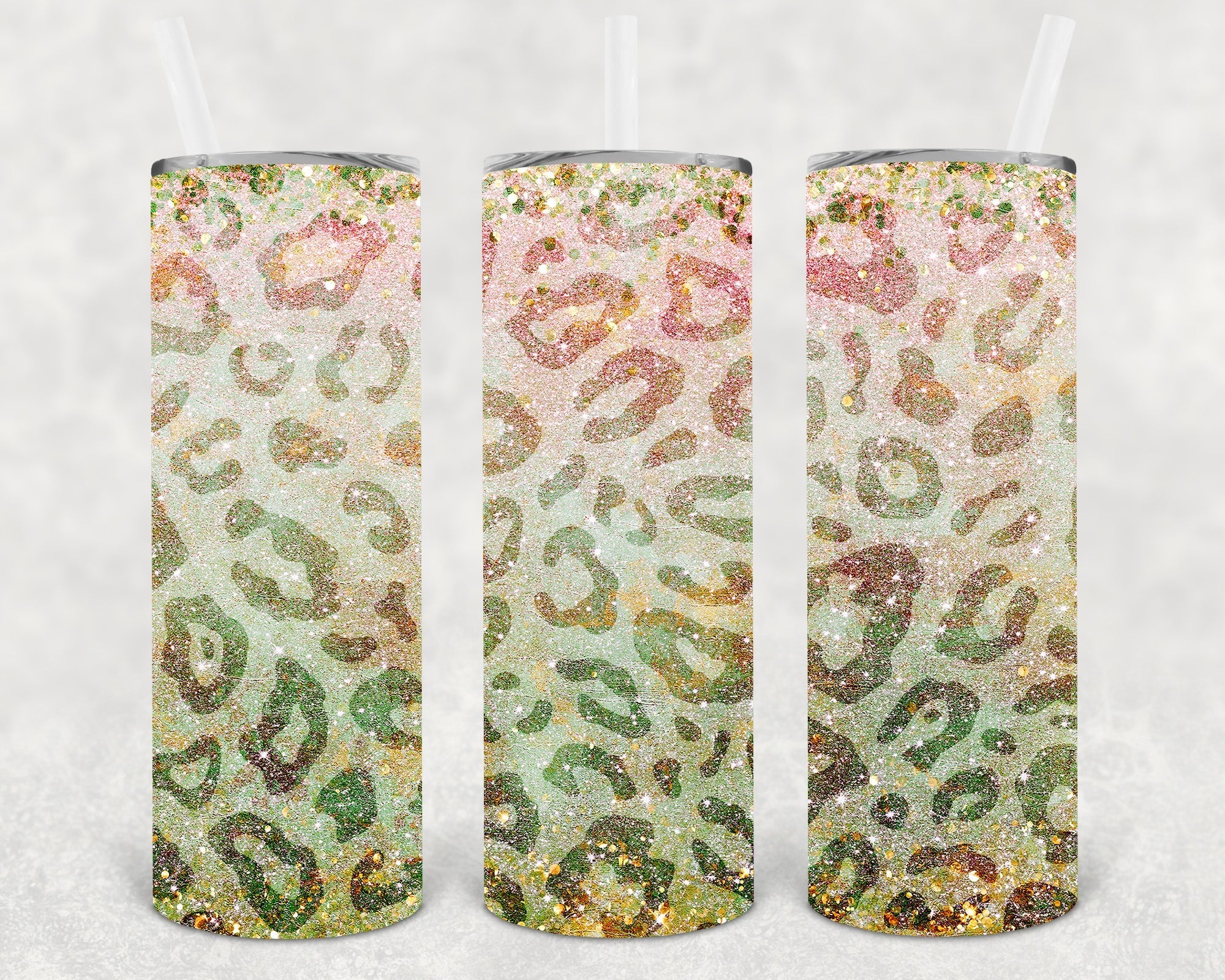 Glitter leopard 20 oz skinny tumbler by Anchored Grace Boutique with a sleek design and colorful leopard print.