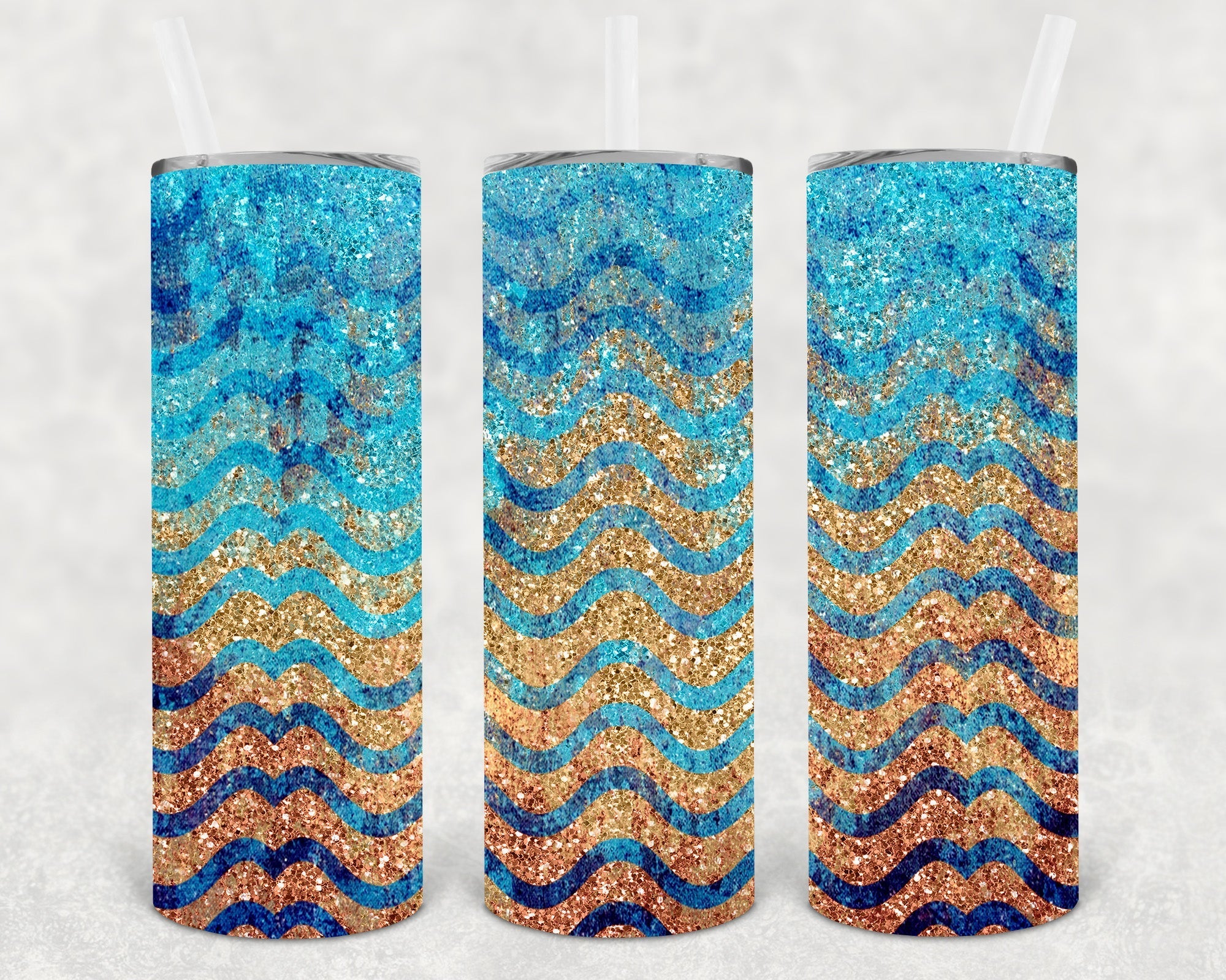 Glitter Wave 20 oz skinny tumbler by Anchored Grace Boutique with a shiny, colorful glitter wave design on a stainless steel body.