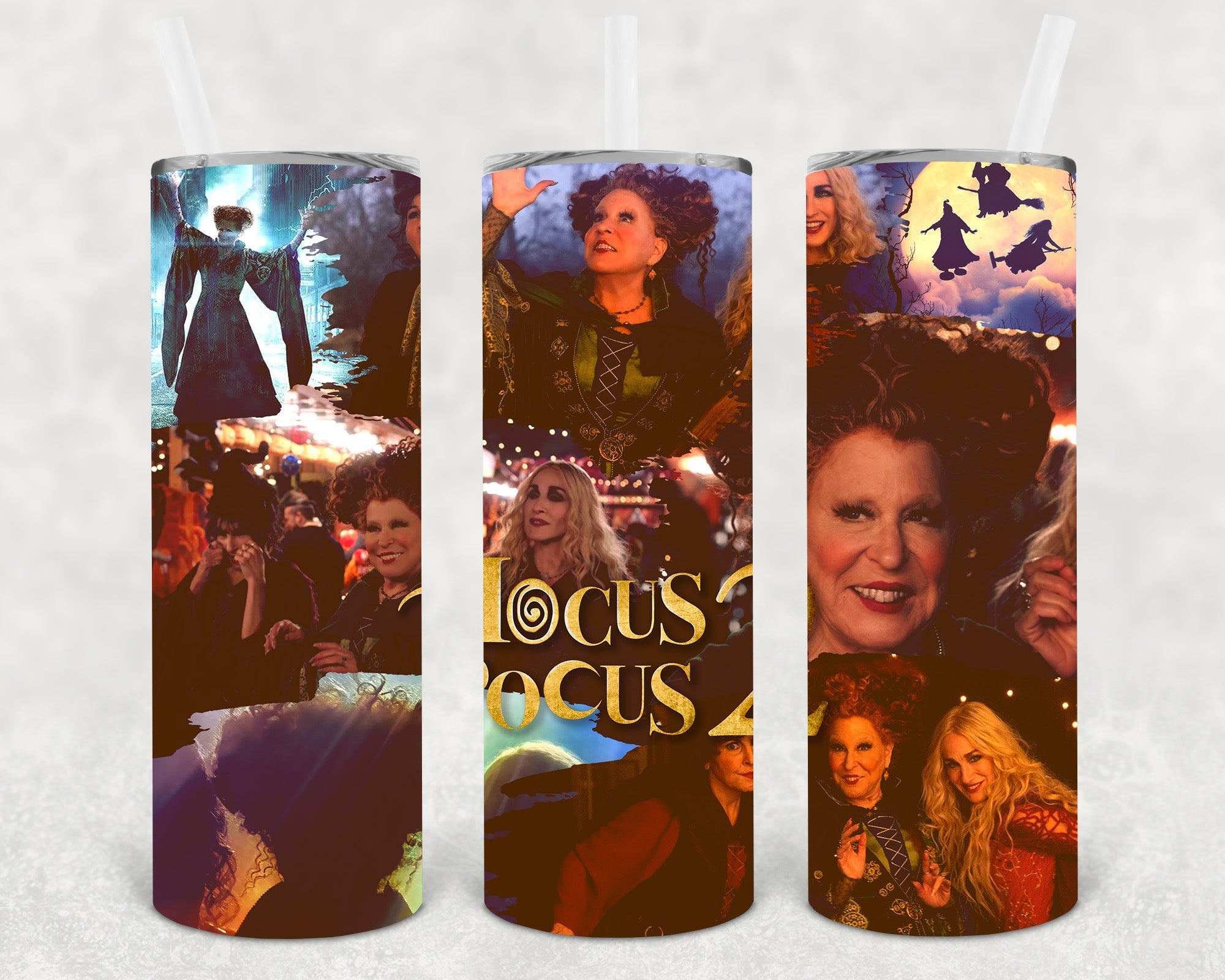 Hocus Pocus 2 20 oz skinny tumbler by Anchored Grace Boutique showing black and orange design with spooky Halloween theme.