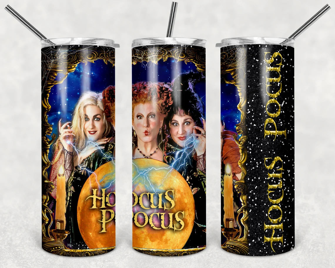 Hocus Pocus 20 oz skinny tumbler by Anchored Grace Boutique with black lid and orange pumpkin design on stainless steel body.