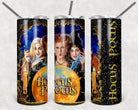 Hocus Pocus 20 oz skinny tumbler by Anchored Grace Boutique with black lid and orange pumpkin design on stainless steel body.