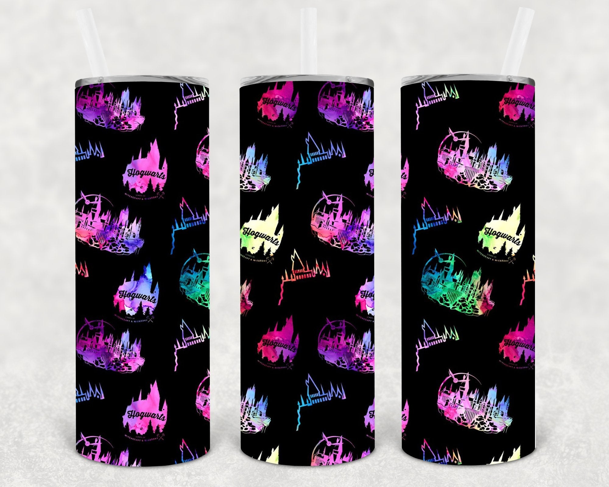 Hogwarts 20 oz skinny tumbler by Anchored Grace Boutique with Hogwarts-themed design and stainless steel body.
