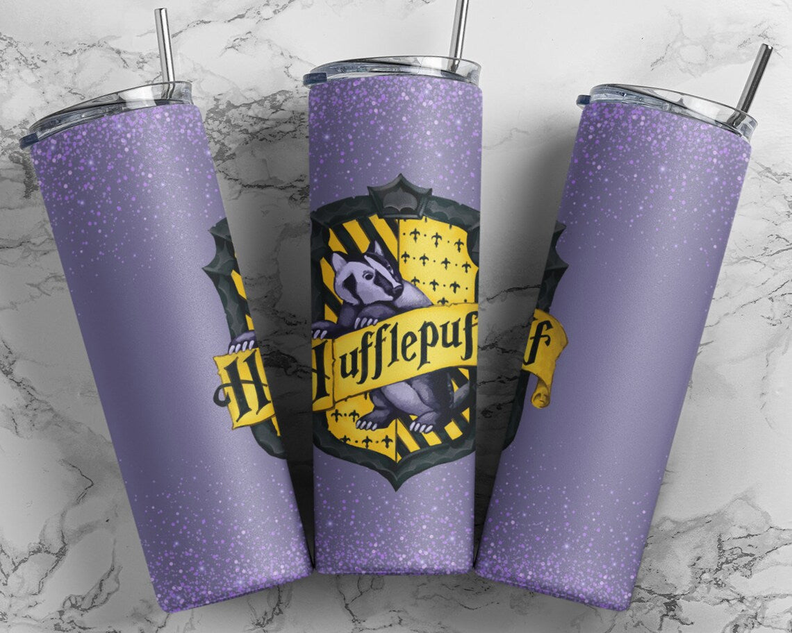 Hufflepuff 20 oz skinny tumbler by Anchored Grace Boutique with Hufflepuff crest and yellow accents for fans of Harry Potter.