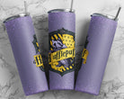 Hufflepuff 20 oz skinny tumbler by Anchored Grace Boutique with Hufflepuff crest and yellow accents for fans of Harry Potter.