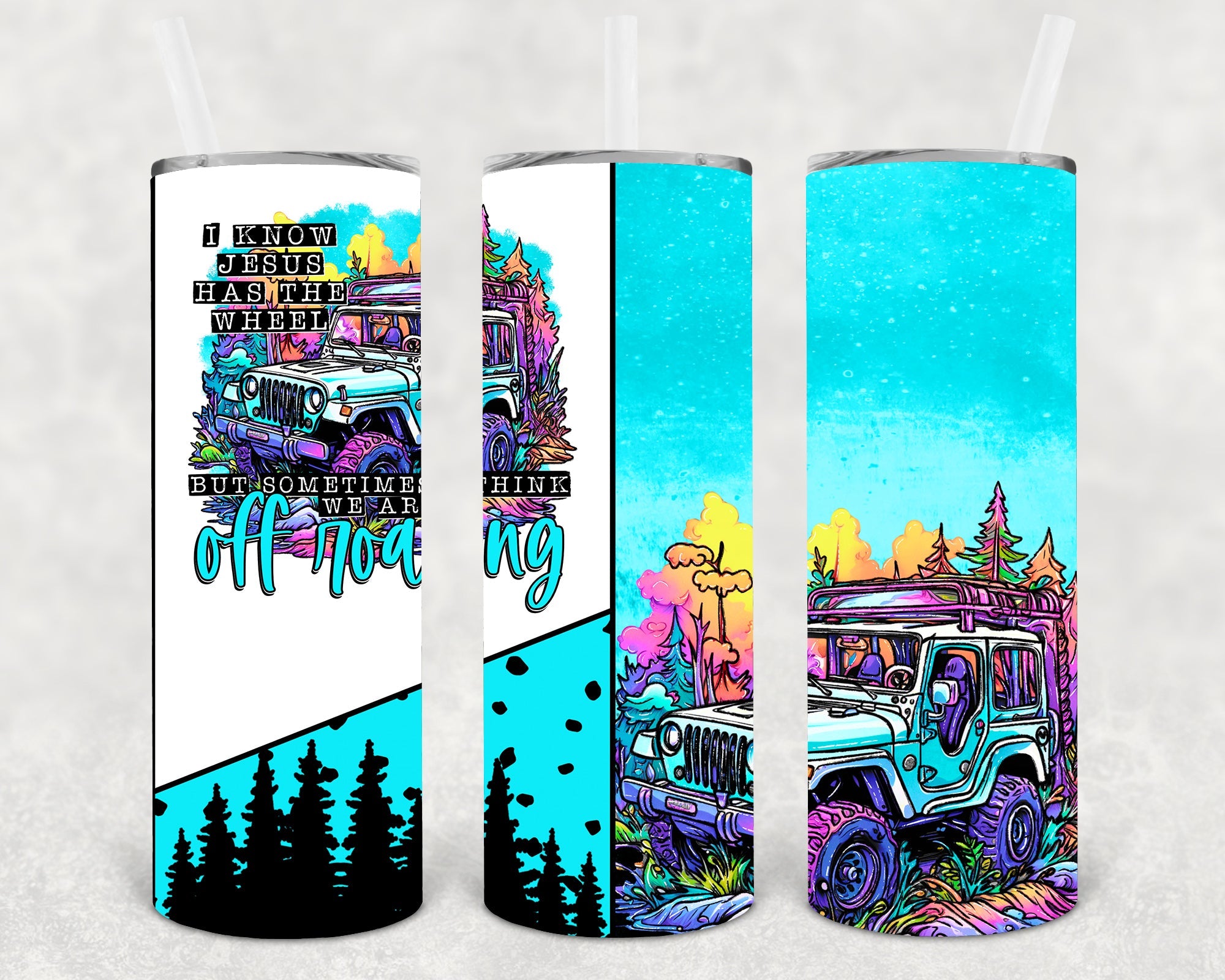 20 oz I Know Jesus Has the Wheel Skinny Tumbler by Anchored Grace Boutique, featuring a motivational design on a sleek stainless steel tumbler.