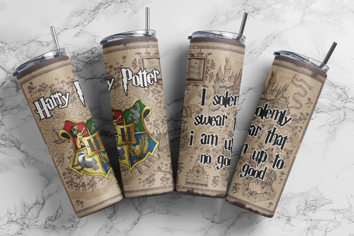 20 oz skinny tumbler with "I Solemnly Swear That I am Up to No Good" text by Anchored Grace Boutique.