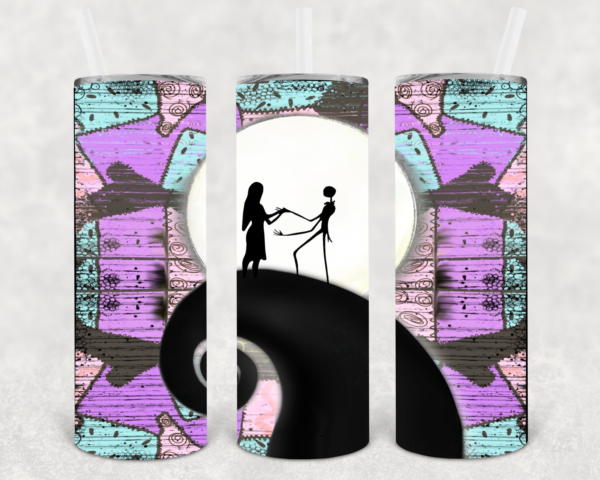Jack and Sally 20 oz Skinny Tumbler by Anchored Grace Boutique, featuring spooky Halloween-themed artwork on a sleek tumbler.