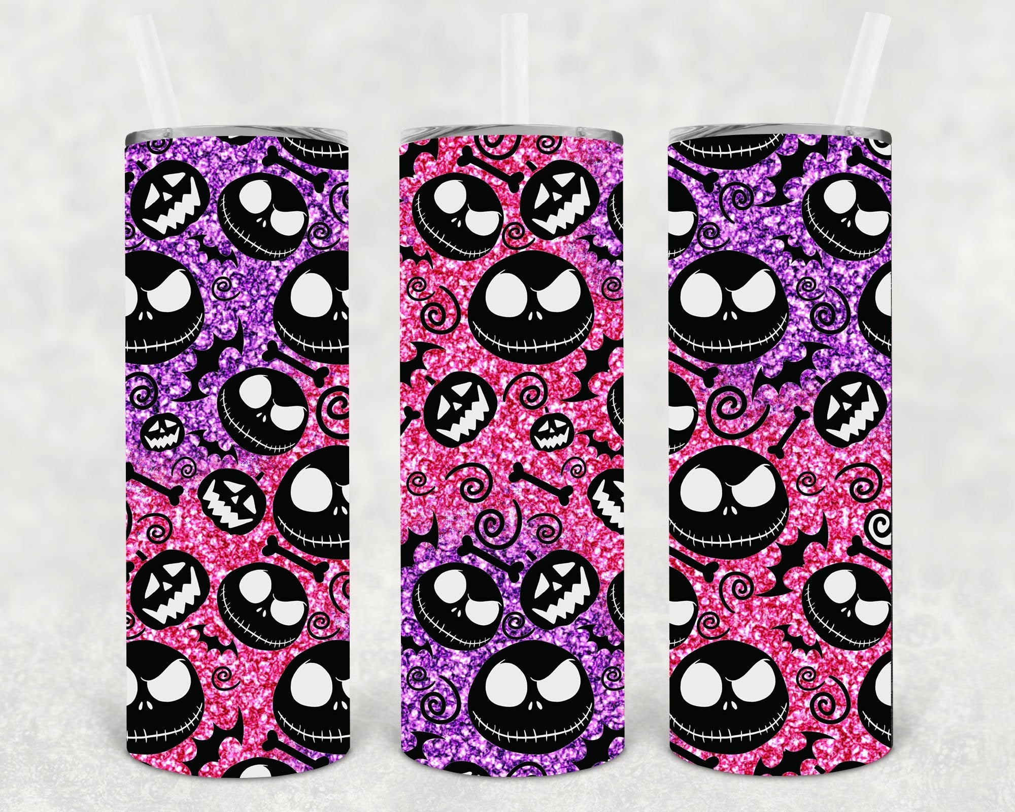 Anchored Grace Boutique Jack Faces 20 oz skinny tumbler with a colorful cartoon face design and stainless steel body.