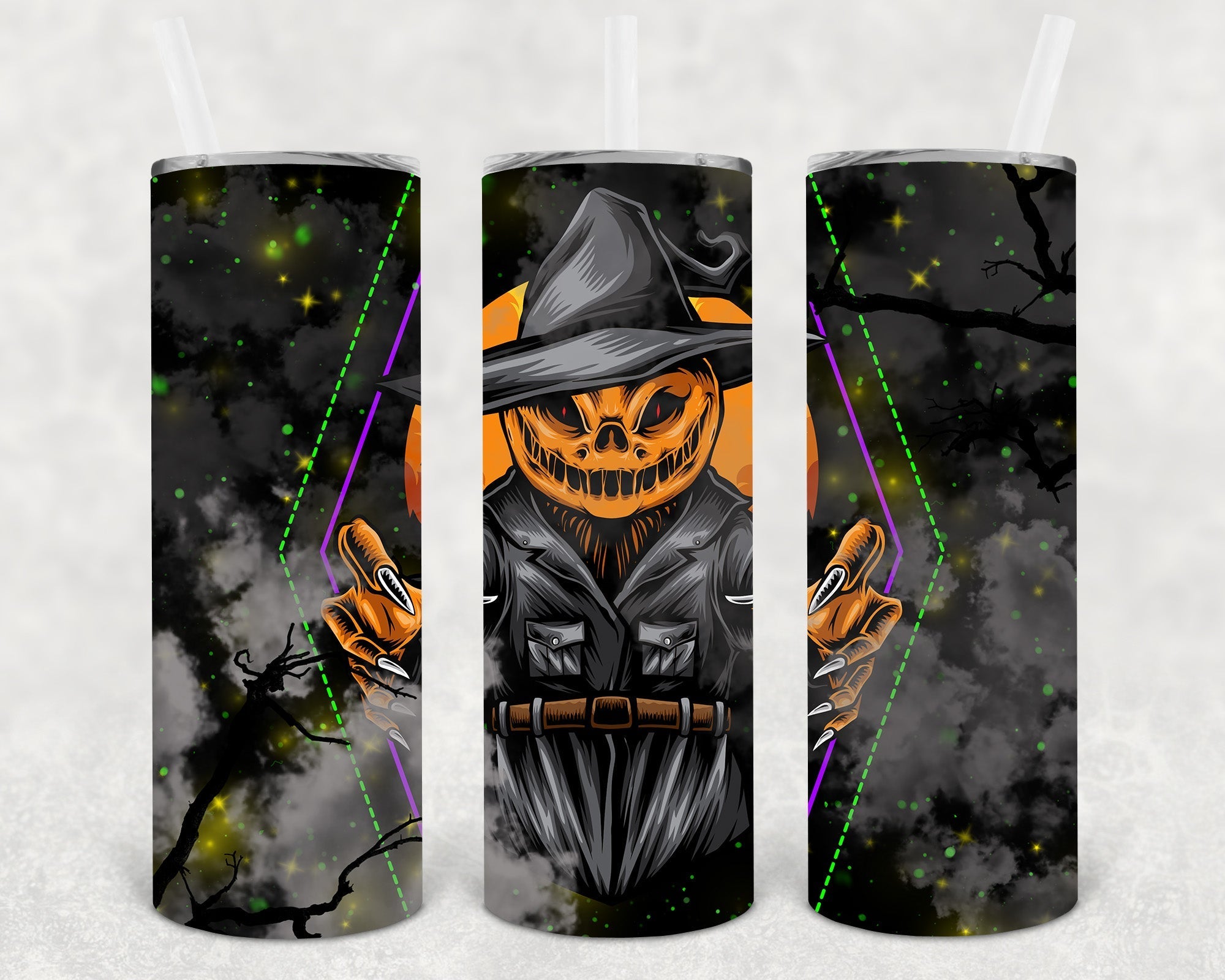 Jack O Lantern 20 oz skinny tumbler by Anchored Grace Boutique with orange pumpkin design on stainless steel container.