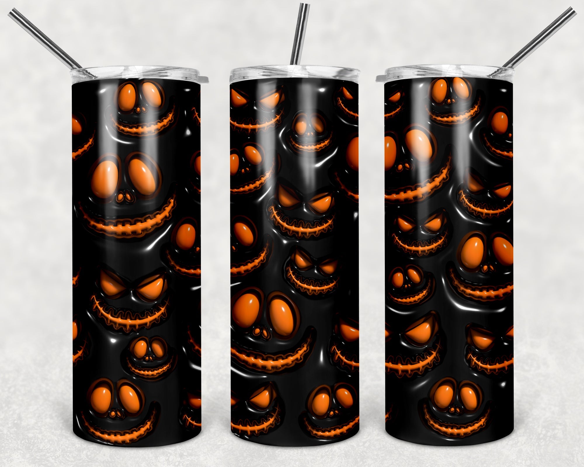 Jack o'Lantern Puffy 20 oz skinny tumbler by Anchored Grace Boutique featuring a festive Halloween pumpkin design.