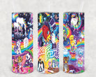 Lisa Frank 20 oz skinny tumbler by Anchored Grace Boutique, featuring colorful Lisa Frank design and a sleek, slim shape.