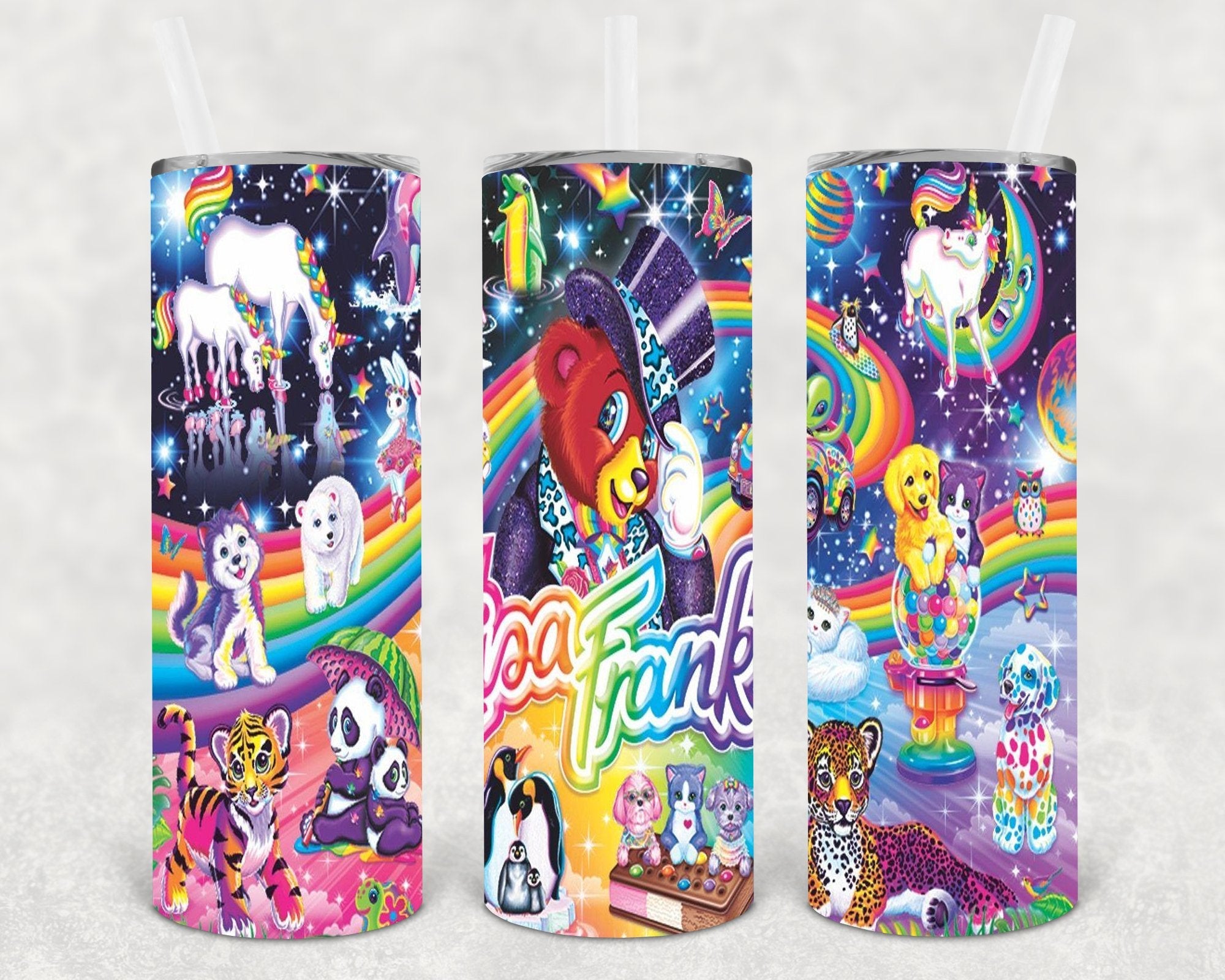 Lisa Frank 20 oz skinny tumbler by Anchored Grace Boutique, featuring colorful Lisa Frank design and a sleek, slim shape.