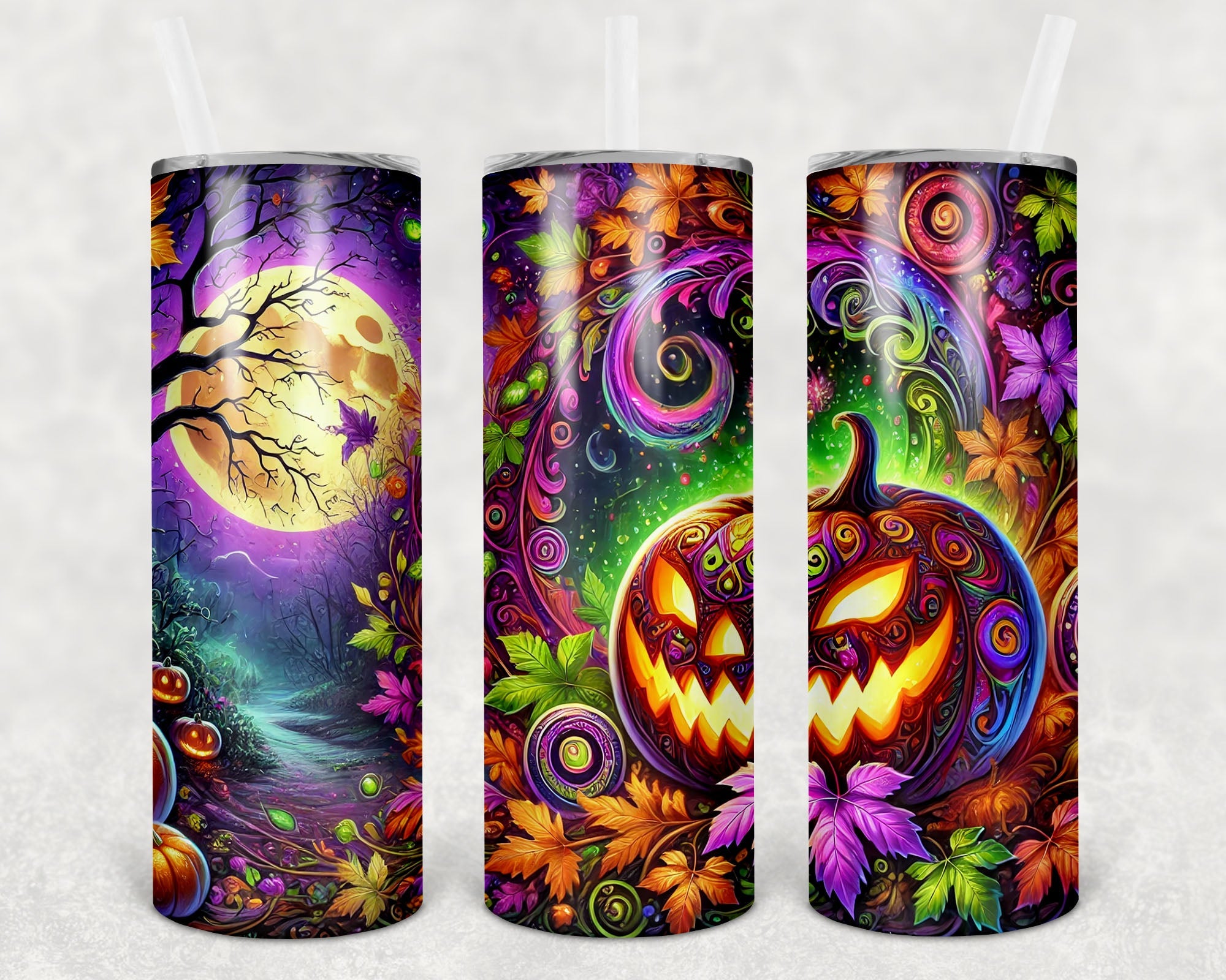 Neon orange pumpkin design on Anchored Grace Boutique 20 oz skinny tumbler for fall and Halloween celebrations.