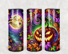 Neon orange pumpkin design on Anchored Grace Boutique 20 oz skinny tumbler for fall and Halloween celebrations.