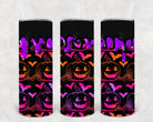 20 oz skinny tumbler with pumpkins and bats design from Anchored Grace Boutique, featuring fall-themed imagery and a sleek shape.