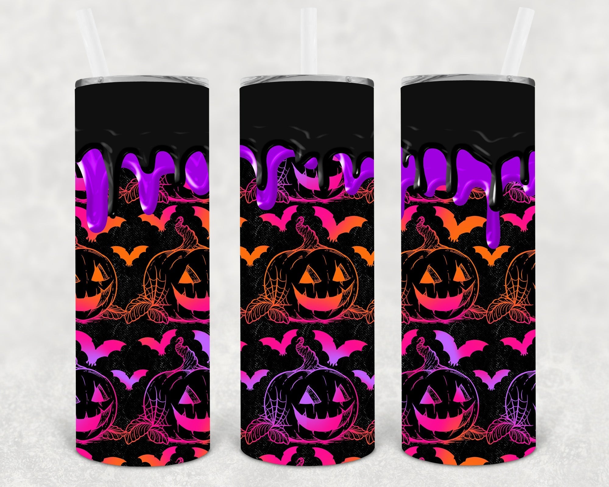 20 oz skinny tumbler with pumpkins and bats design from Anchored Grace Boutique, featuring fall-themed imagery and a sleek shape.