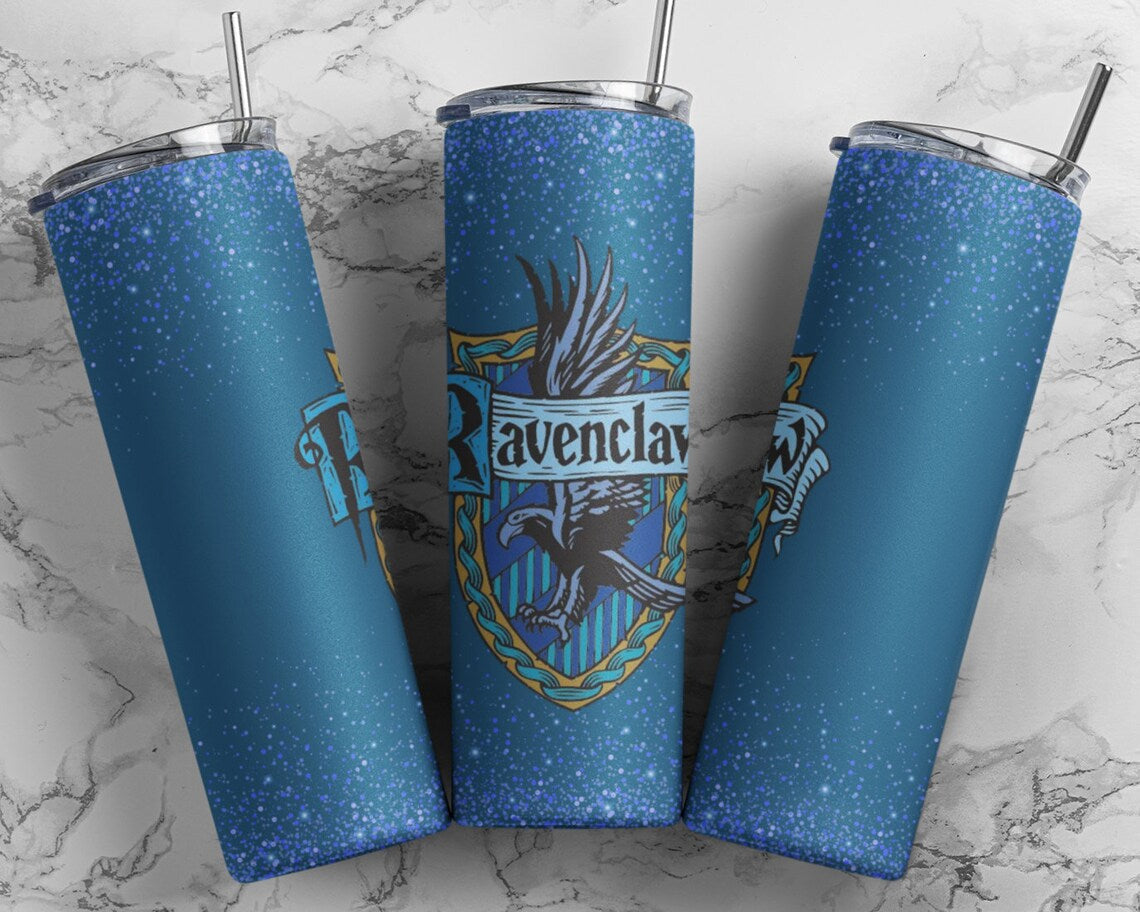 Ravenclaw 20 oz skinny tumbler by Anchored Grace Boutique, stainless steel drinkware with blue and silver design.