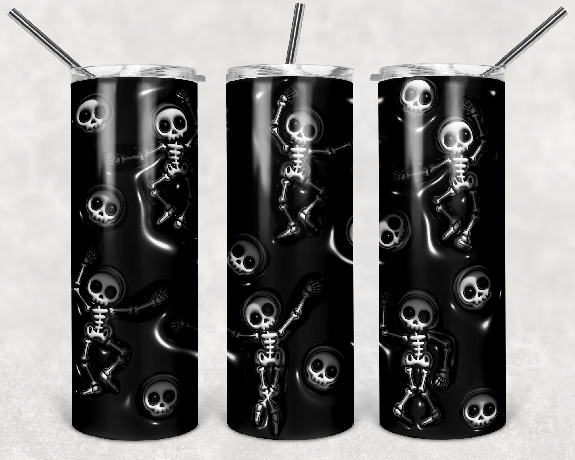 Skeleton Puffy 20 oz skinny tumbler by Anchored Grace Boutique with a sleek design and durable stainless steel construction.