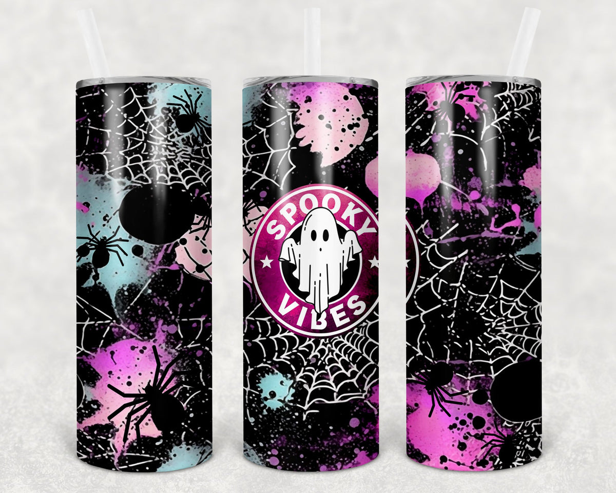 Spooky Vibes 20 oz skinny tumbler by Anchored Grace Boutique with Halloween-themed spooky design and stainless steel body.