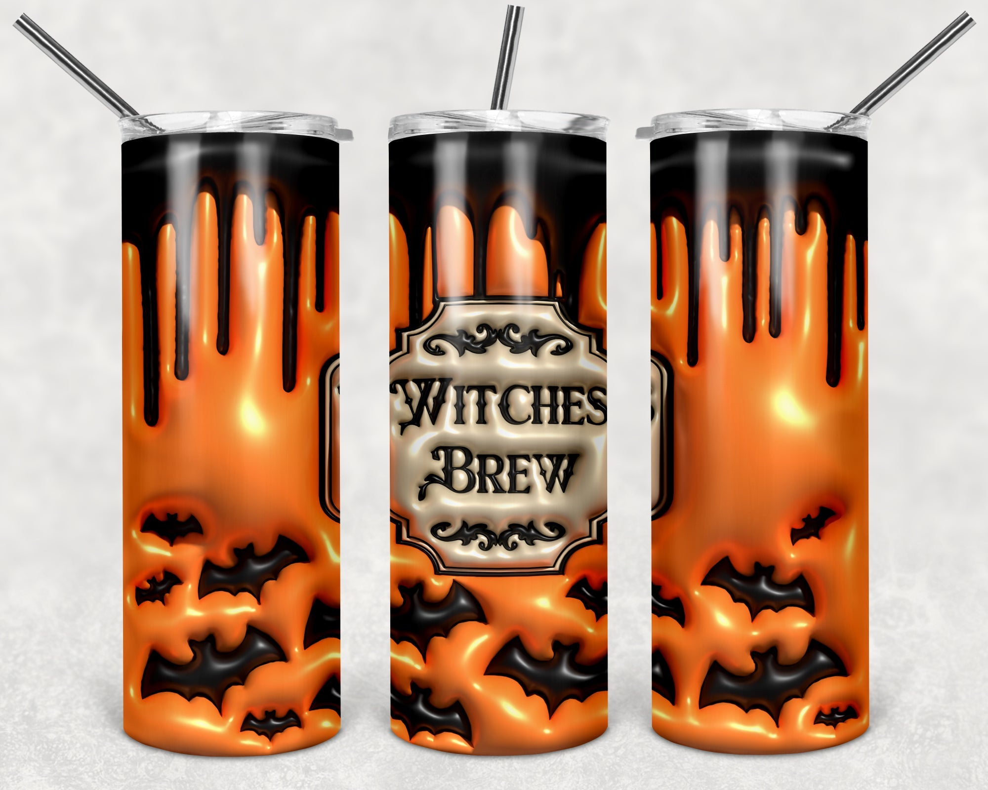 Anchored Grace Boutique Witches Brew Puffy 20 oz skinny tumbler with spooky witch-themed design and pink accents.