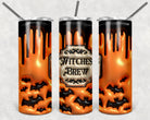 Anchored Grace Boutique Witches Brew Puffy 20 oz skinny tumbler with spooky witch-themed design and pink accents.