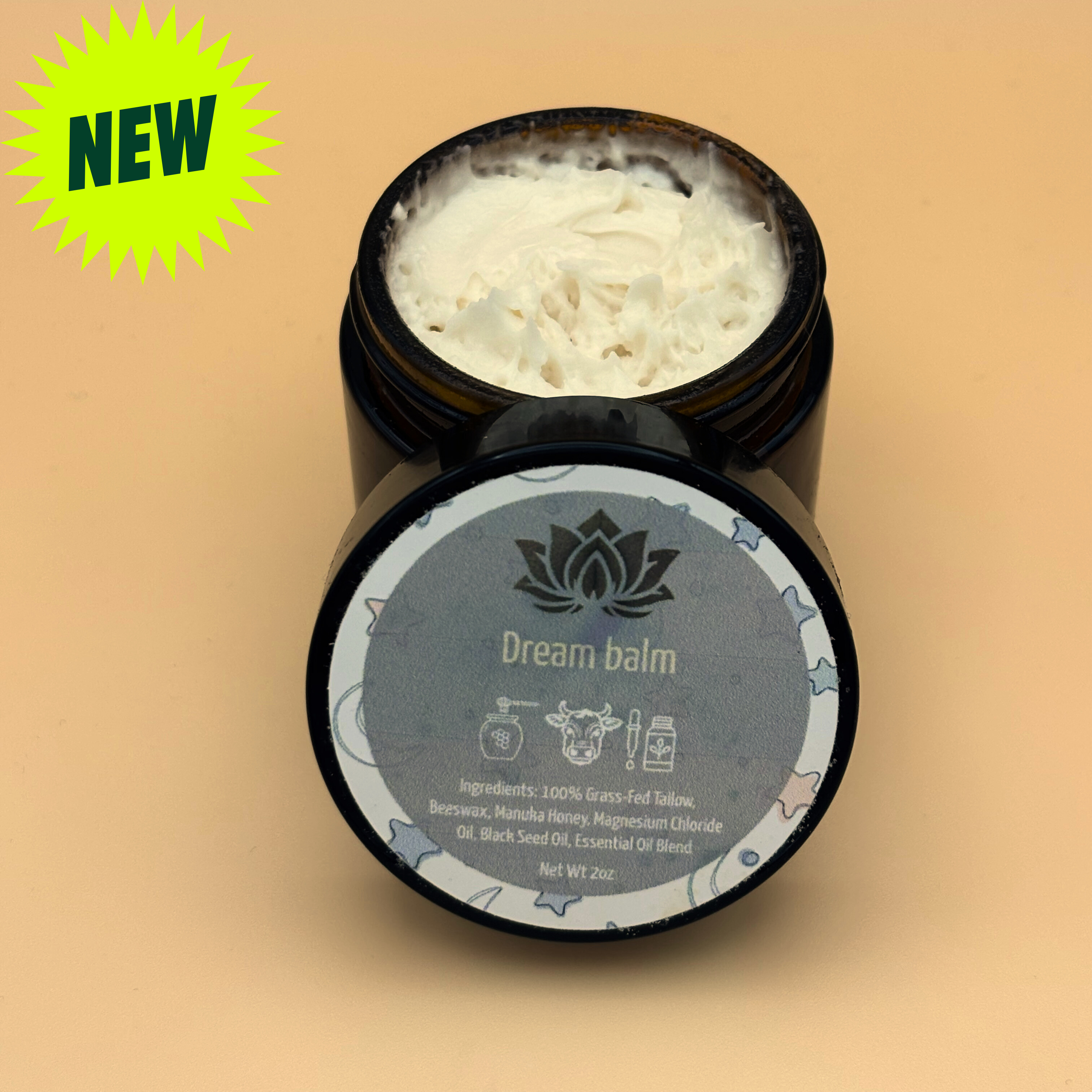 2oz jar of Ancient Health & Healings New Dream Balm, a natural herbal sleep aid with calming ingredients.