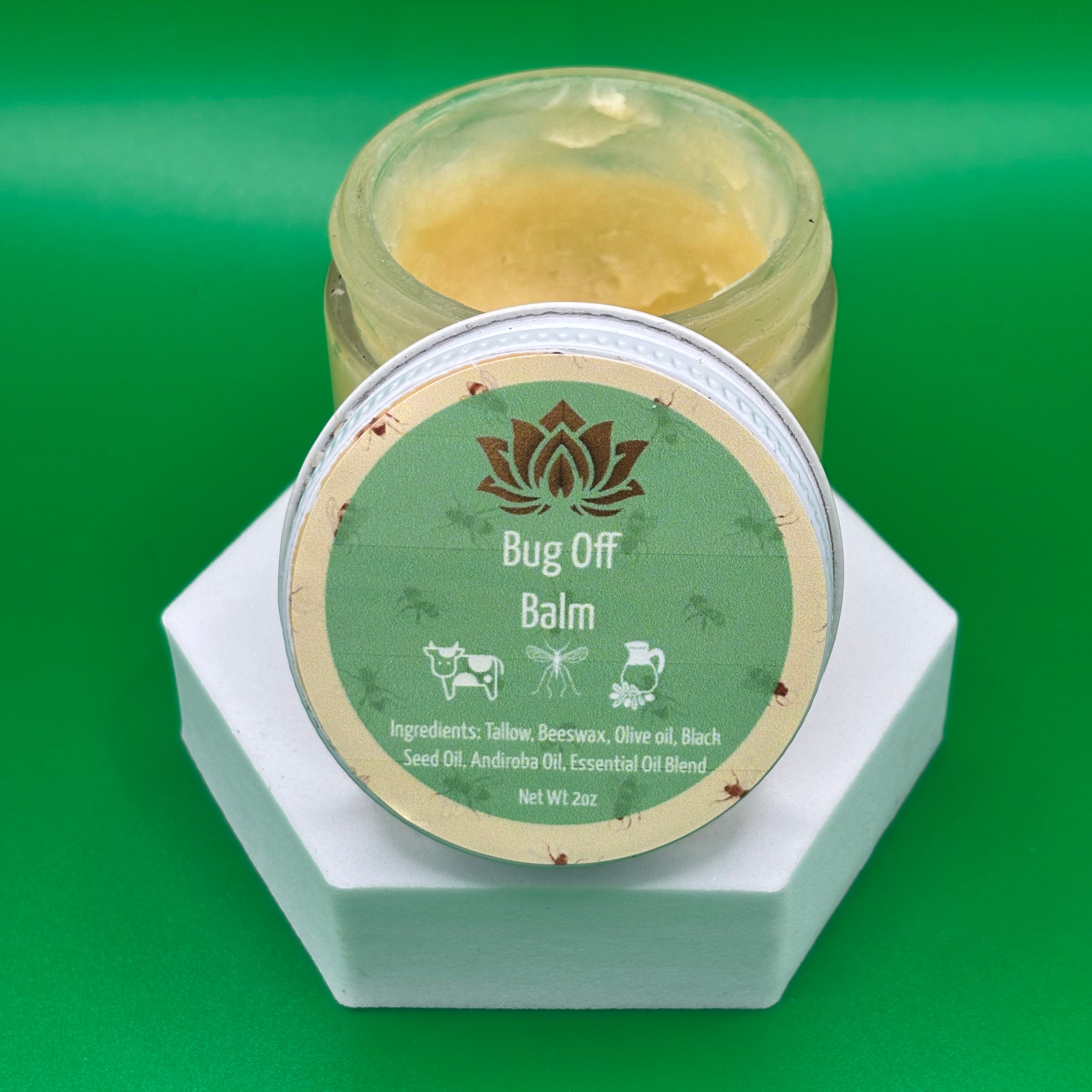 Ancient Health & Healings Bug Off Balm mosquito repellent in 2oz container, natural bug repellent for outdoor protection.