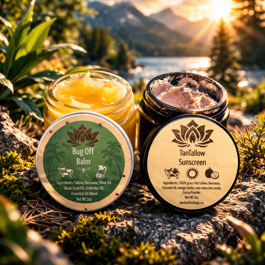 Ancient Health & Healings outdoor bundle with 2oz Tantallow Sunscreen and Bug Off Balm, natural skincare essentials for outdoor protection.