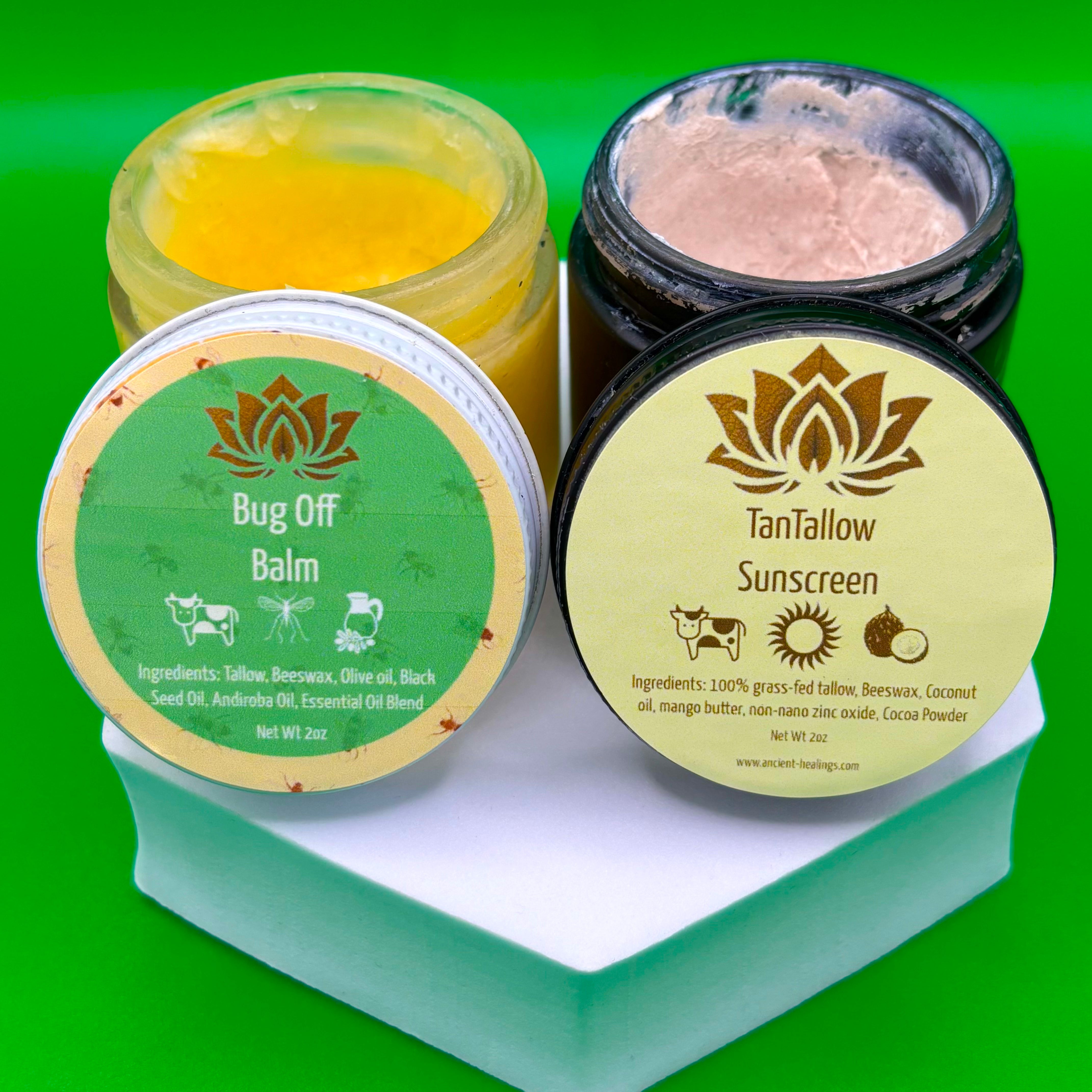 Ancient Health & Healings outdoor bundle with 2oz Tantallow Sunscreen and Bug Off Balm, ideal for outdoor protection.