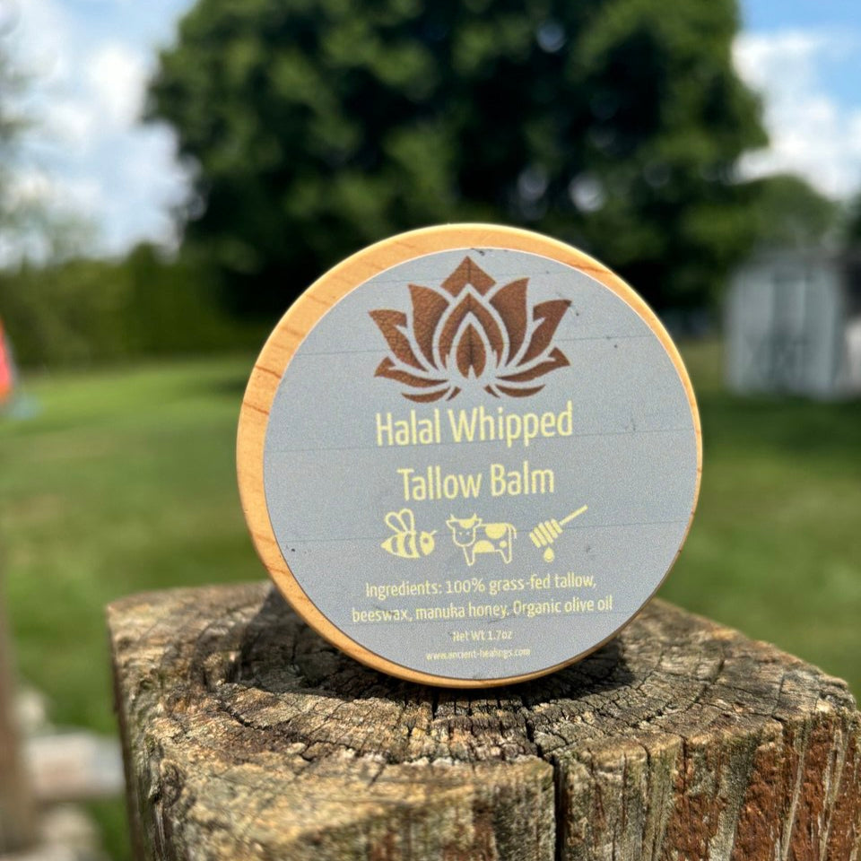 Cream jar of Ancient Health & Healings Halal Whipped Tallow Balm, a moisturizing skincare product in a classic 1.7 oz container