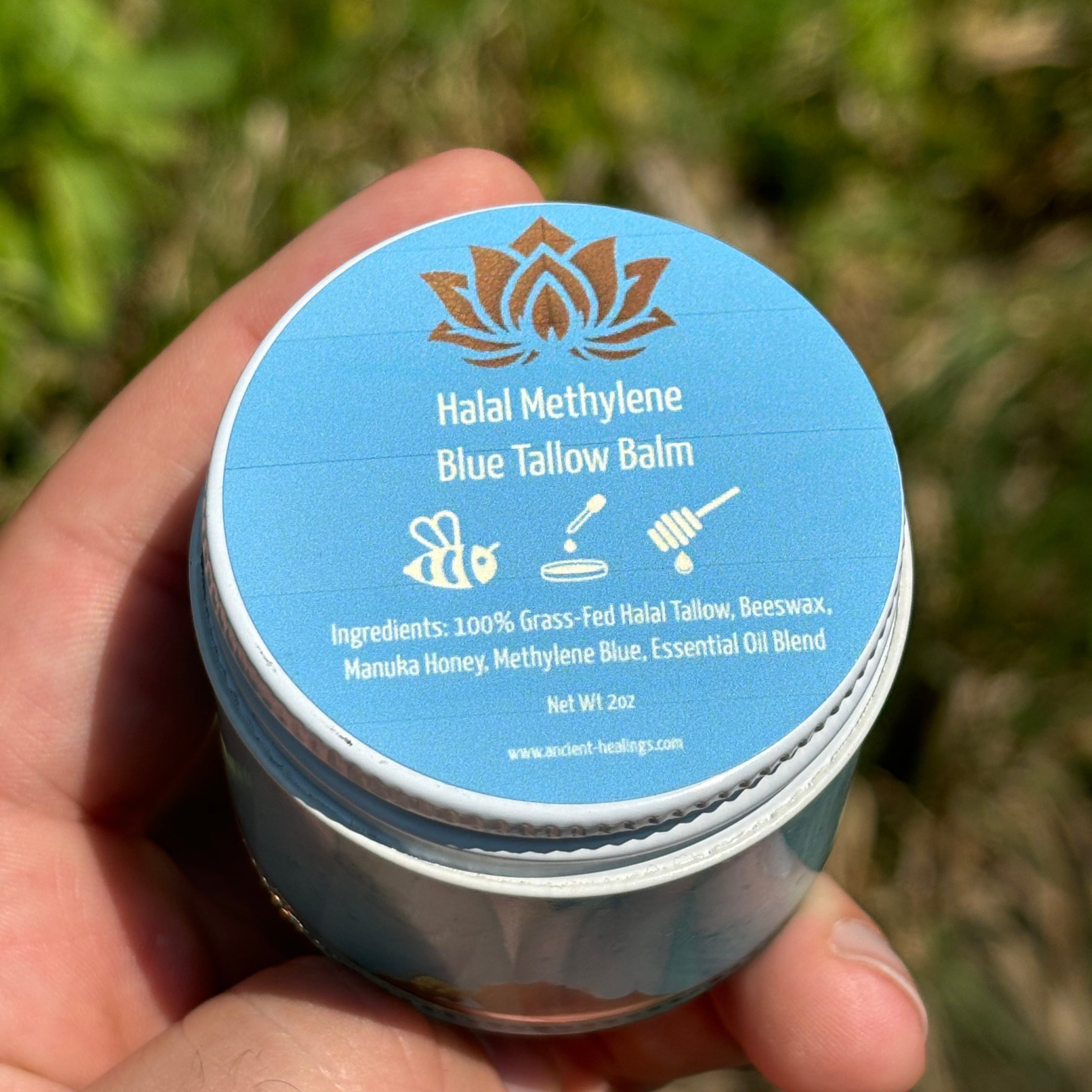 Cream jar of Ancient Health & Healings Halal Whipped Tallow Balm, a moisturizing skincare cream in a 1.7 oz container