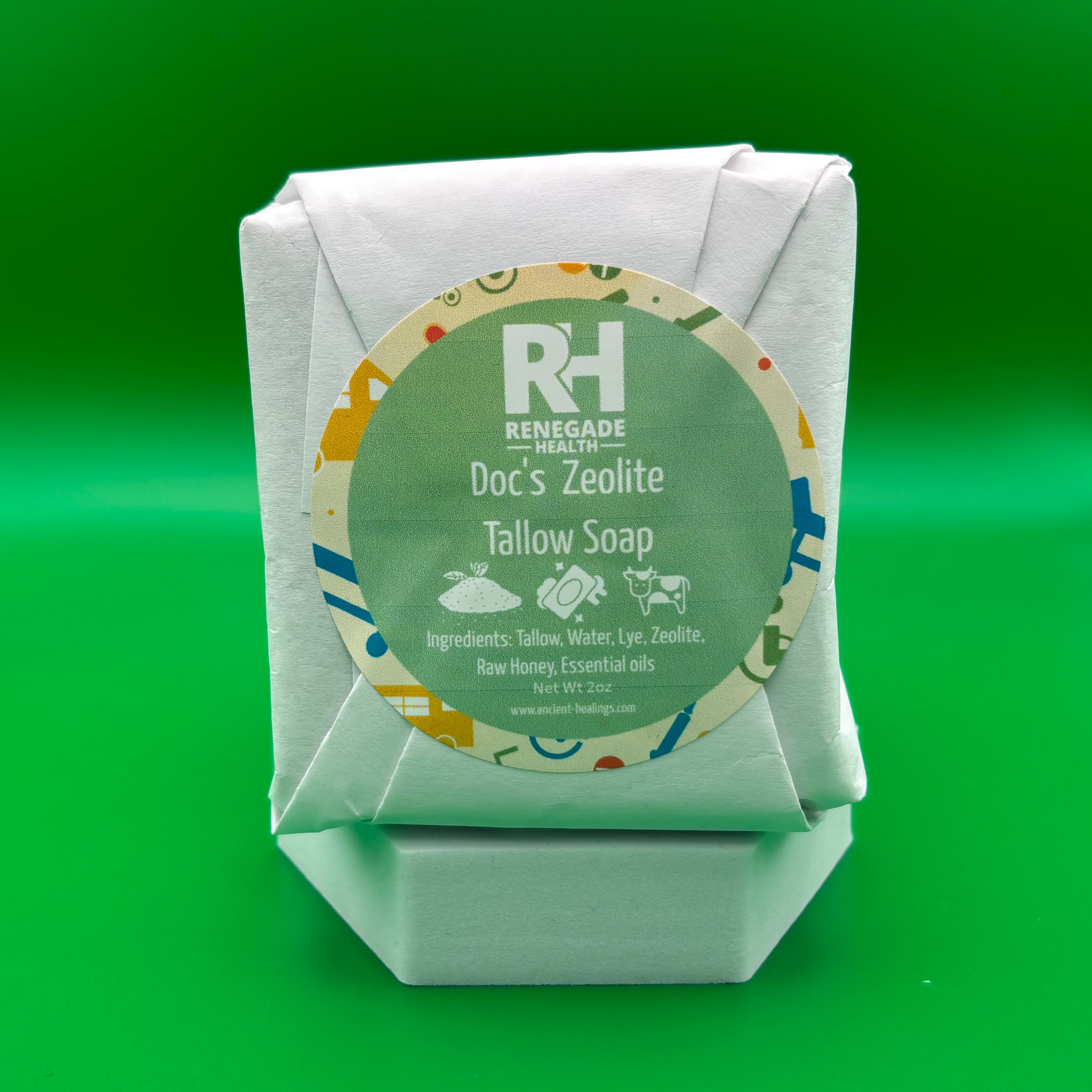 Ancient Health & Healings Doc's Detox Tallow Soap bar with natural ingredients and rustic packaging.