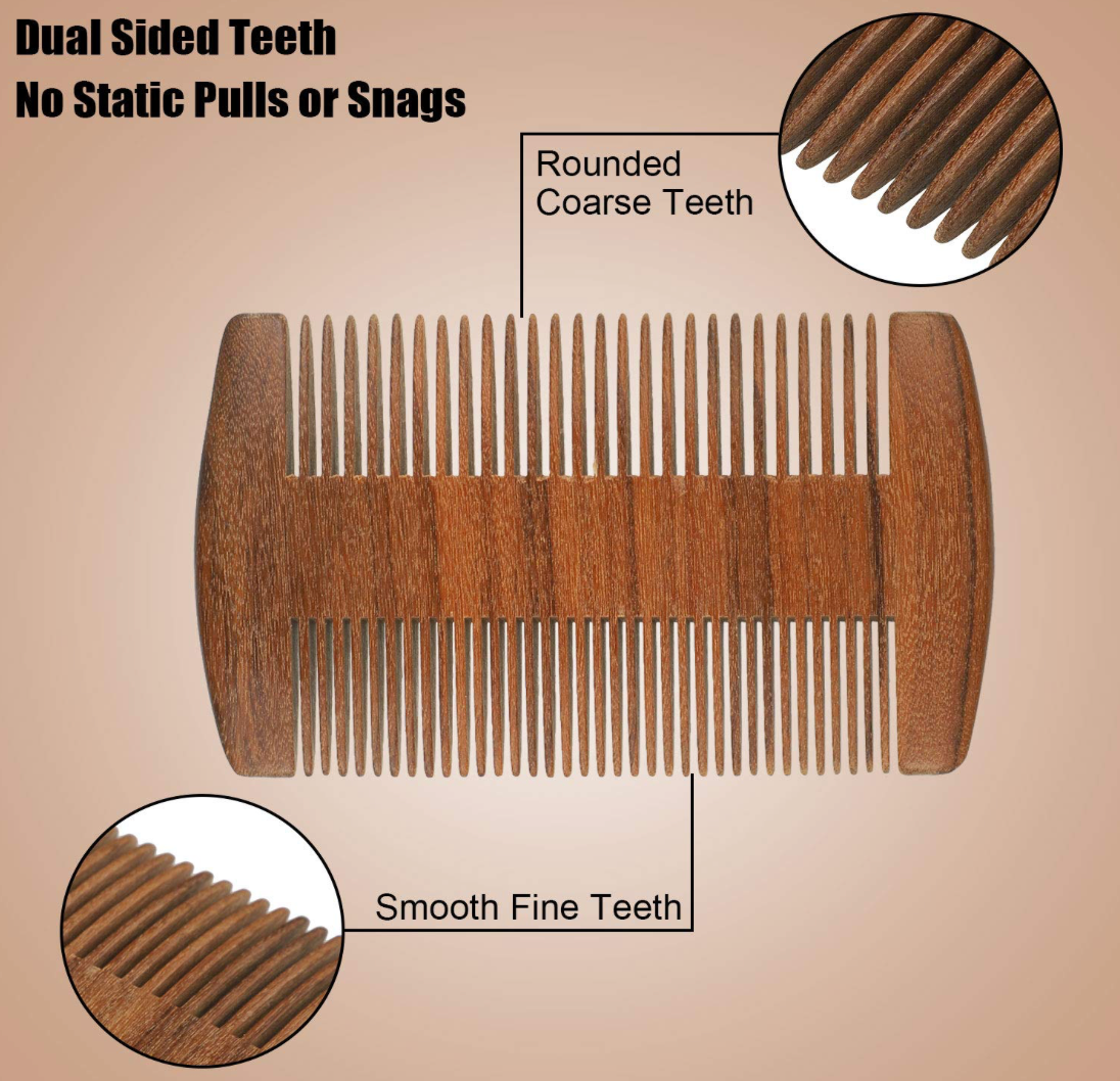Sandalwood hair and beard comb by Ancient Health & Healings, featuring smooth wooden teeth for grooming and styling.