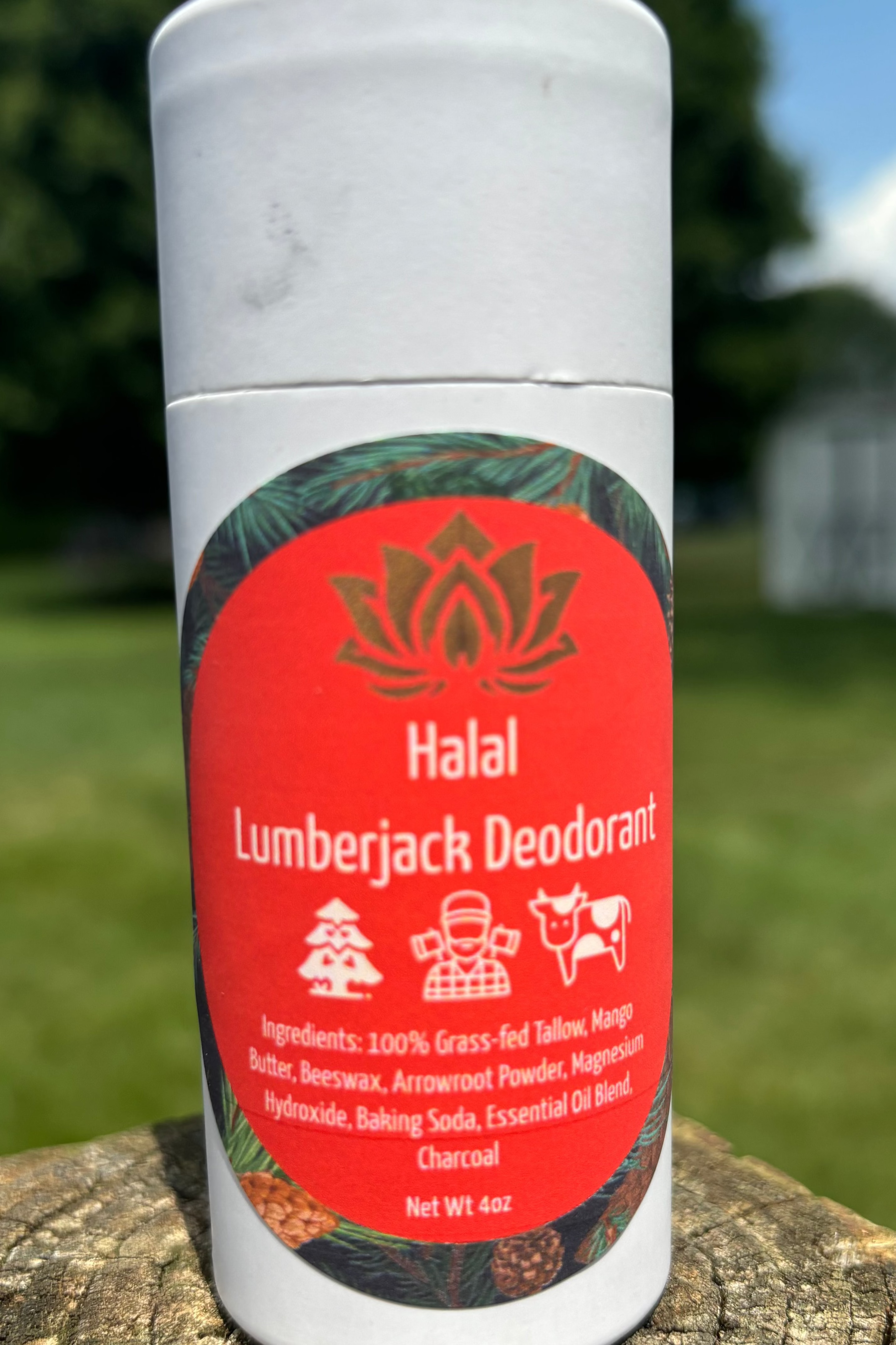Ancient Health & Healings halal all-natural tallow deodorant with lavender scent, feminine fragrance, and fresh herbal appearance.