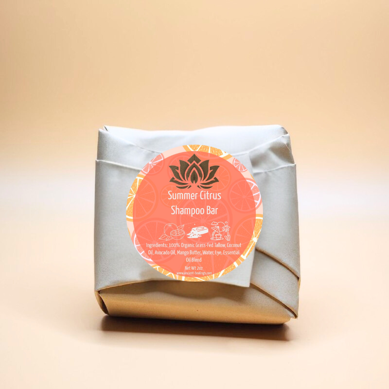 Ancient Health & Healings Tallow Shampoo Bar with summer citrus scent, natural shampoo for nourishing hair care.