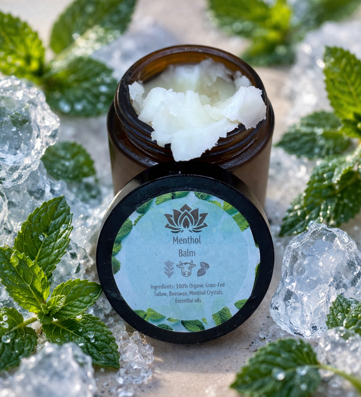 Ancient Health & Healings Menthol Tallow Balm jar showing creamy skin care balm with menthol for soothing skin relief.