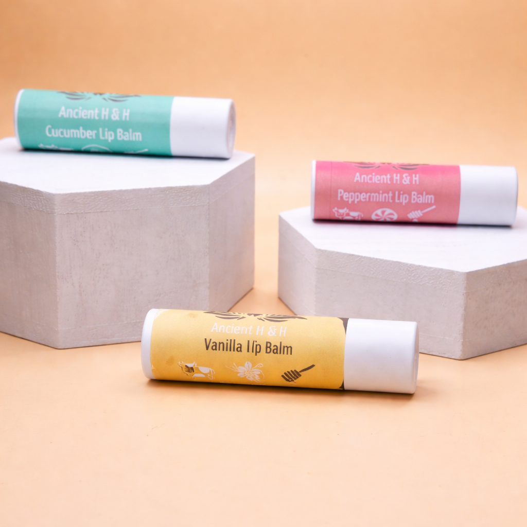 Ancient Health & Healings Halal Tallow Lip Balm 3-pack, natural skincare with cucumber flavor, moisturizing lip care set