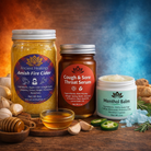 Ancient Health & Healings Winter Support Bundle featuring skin care balm and serum for winter skin hydration and protection.