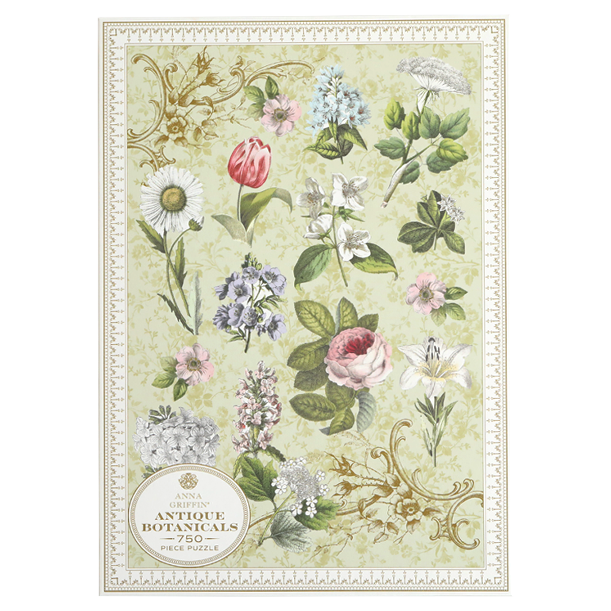 Antique Botanicals jigsaw puzzle by Anna Griffin Inc. featuring vintage botanical illustrations on the puzzle box.
