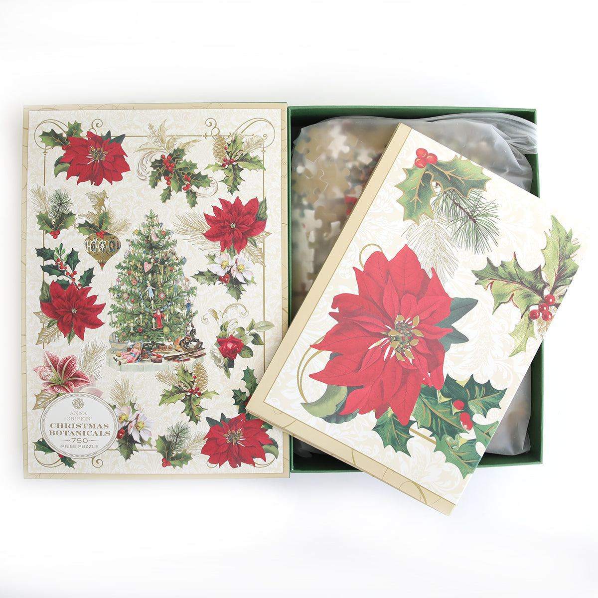 Christmas Botanicals jigsaw puzzle by Anna Griffin Inc. featuring festive botanical illustrations and colorful puzzle pieces.