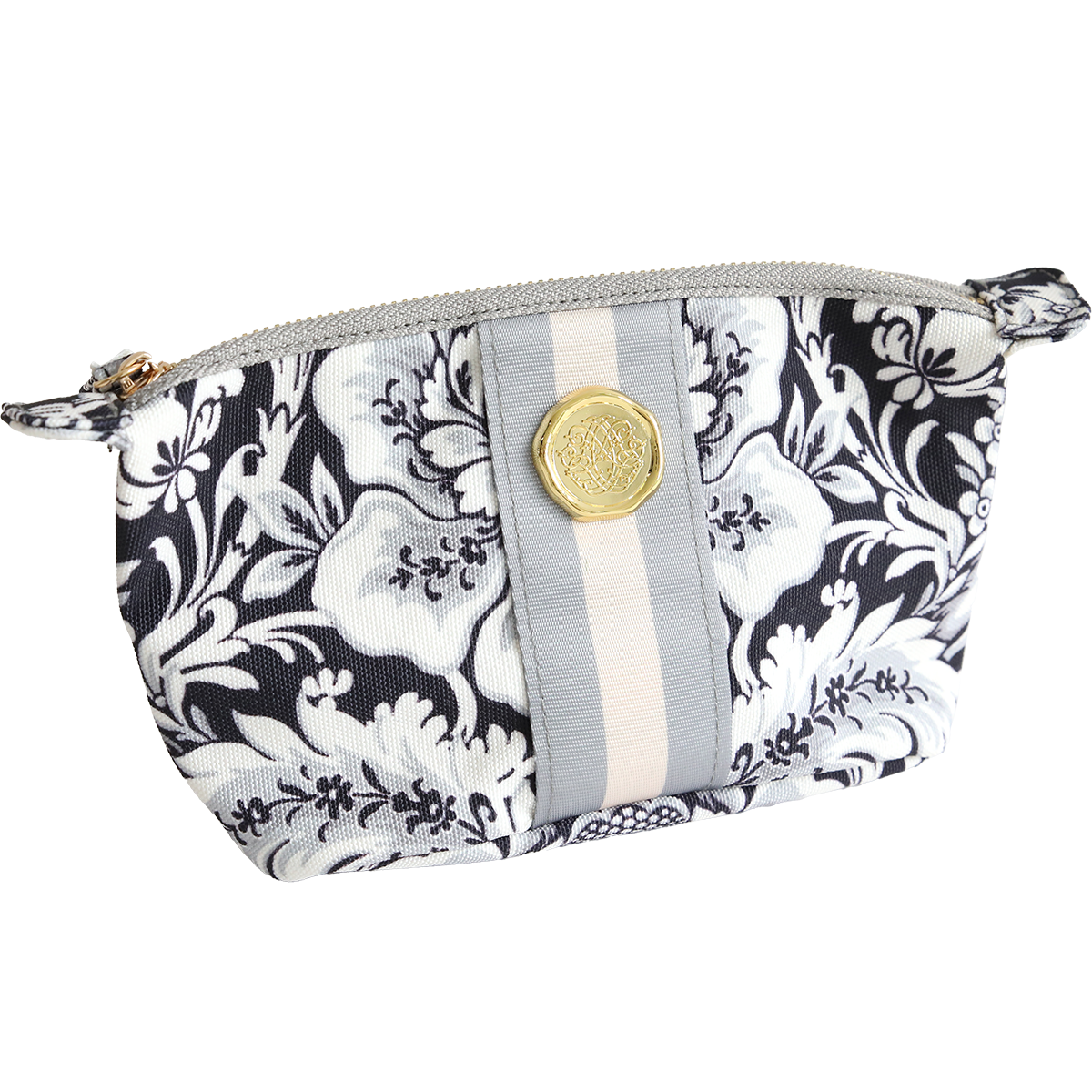 Damask Noire small cosmetic bag by Anna Griffin Inc. with black and white floral damask pattern and zipper closure.