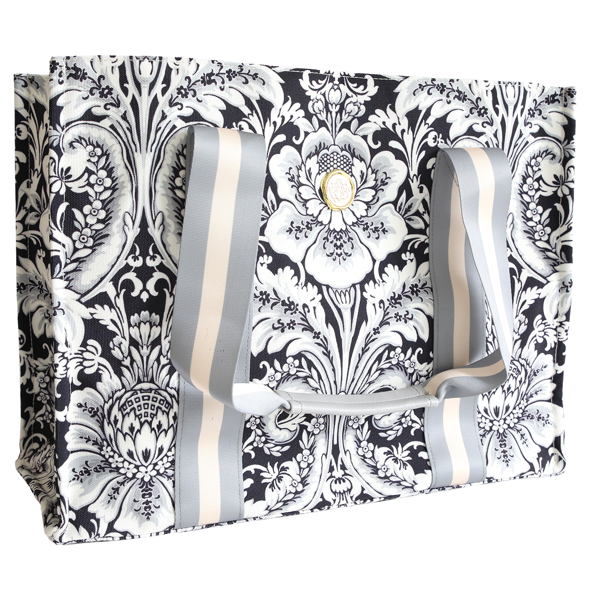 Elegant Damask Noire Tote Bag by Anna Griffin Inc., featuring black damask pattern and sturdy handles for stylish everyday use.