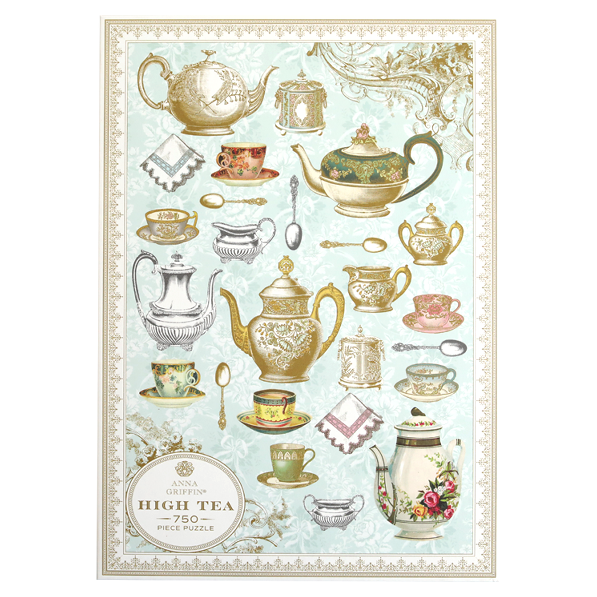 Colorful High Tea jigsaw puzzle by Anna Griffin Inc. featuring elegant tea sets and delicate floral designs, perfect for puzzle enthusiasts.