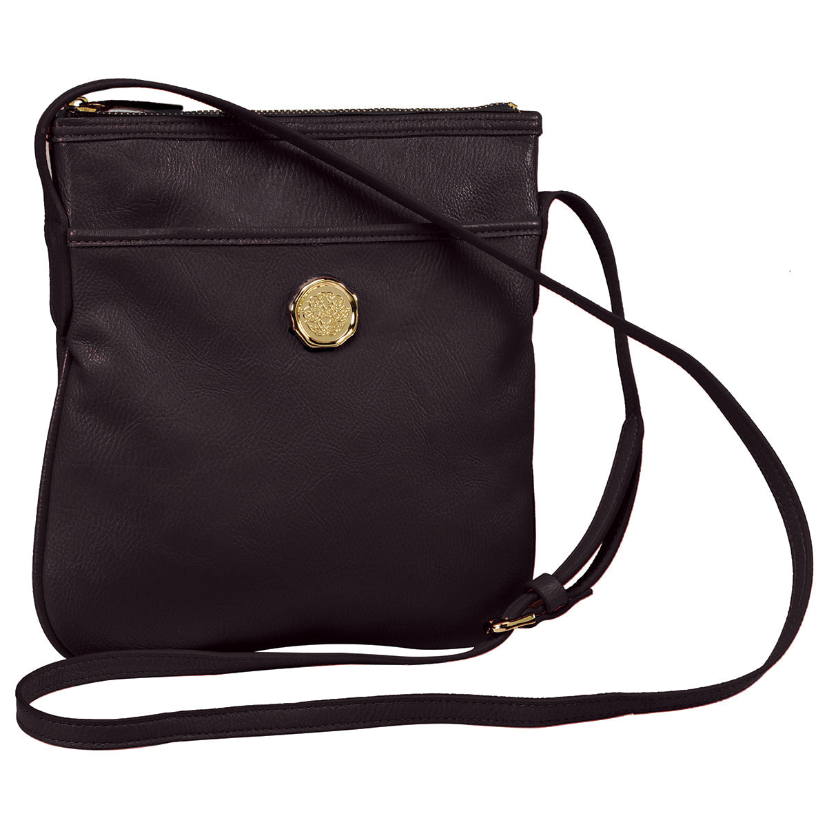 Black onyx crossbody bag by Anna Griffin Inc. featuring a sleek design with adjustable strap and gold-tone hardware.
