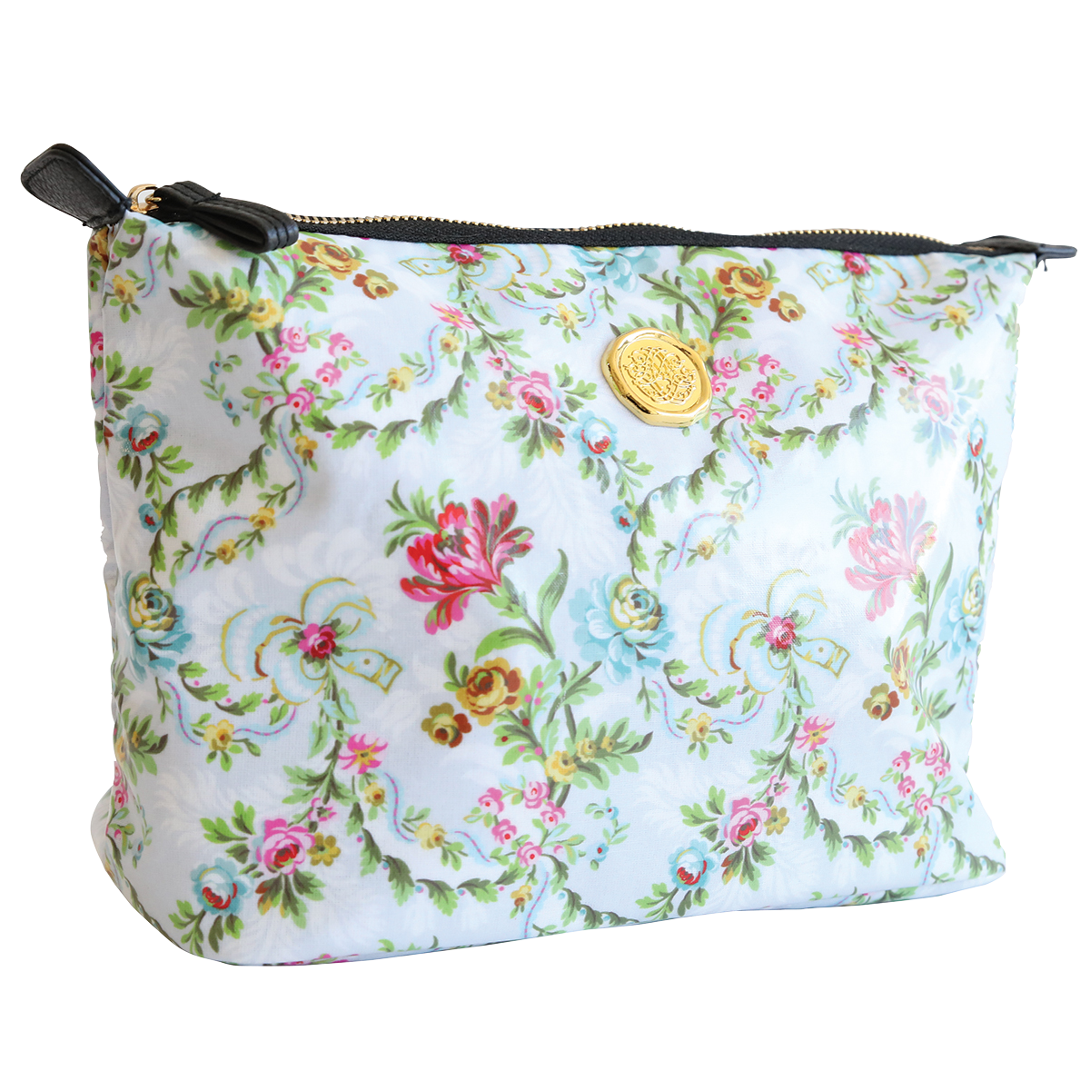 Large cosmetic bag by Anna Griffin Inc. featuring elegant floral design, spacious interior, and sturdy zipper for makeup storage.