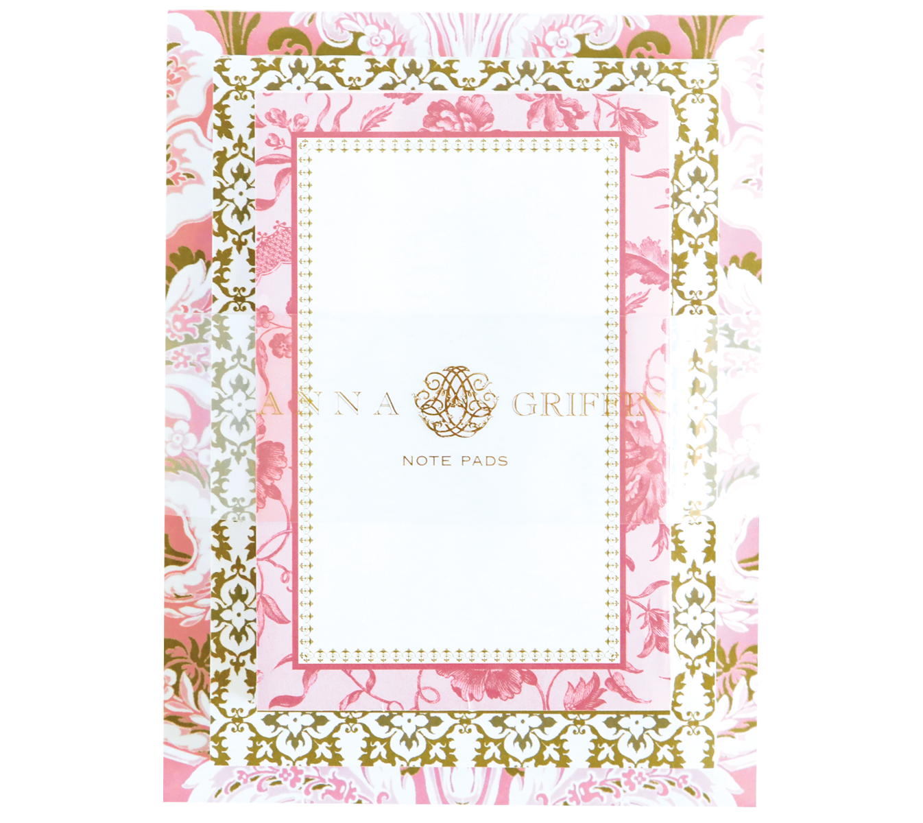 Pink damask notepad set by Anna Griffin Inc. featuring elegant floral patterned notebooks with matching covers and decorative accents.