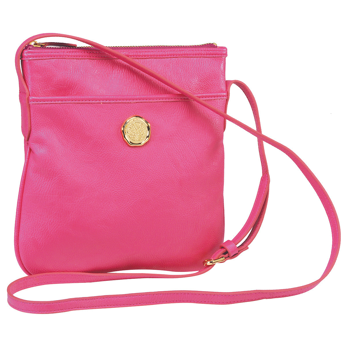 Raspberry pink crossbody bag by Anna Griffin Inc. with adjustable strap, showing textured leather surface and sleek design.