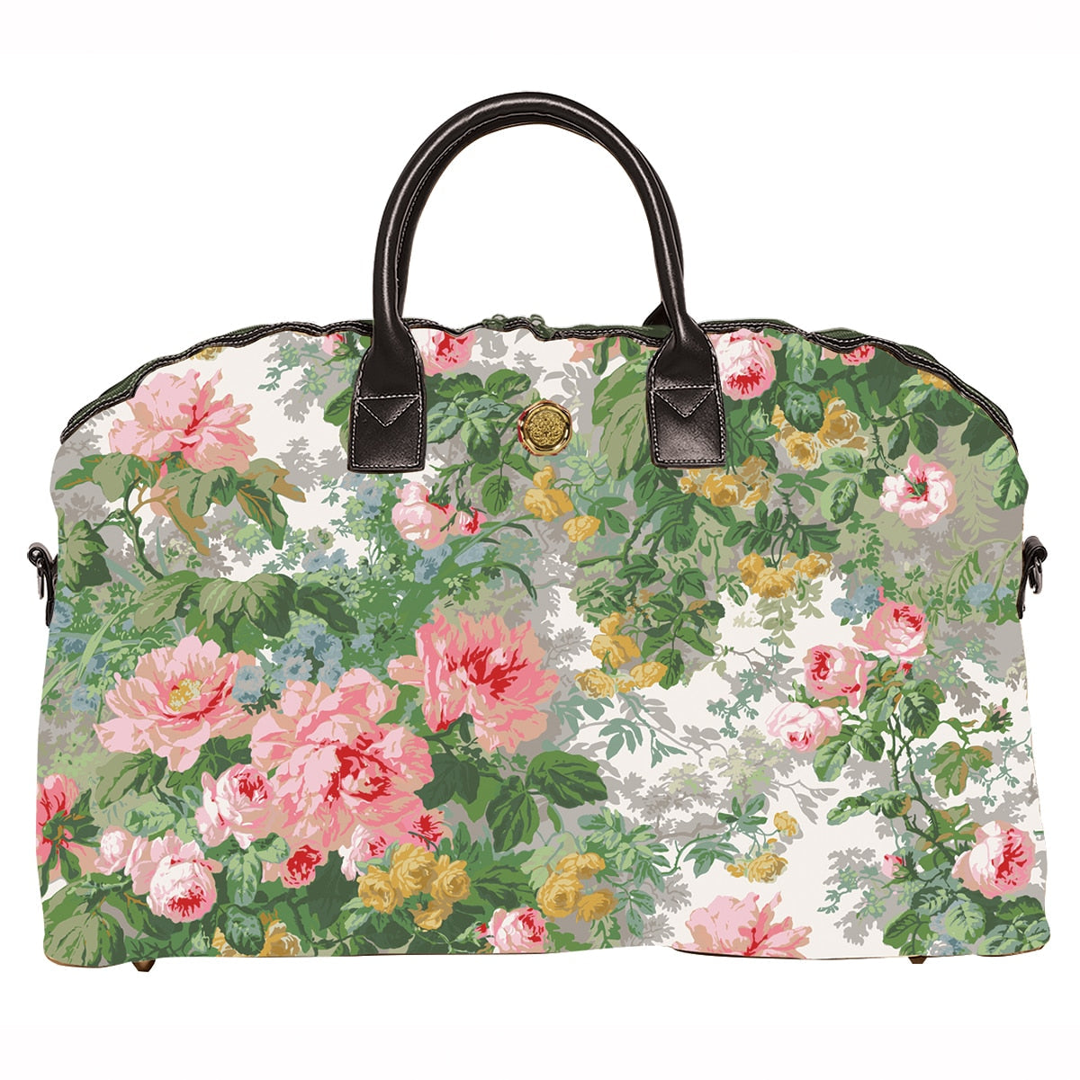 Virginia Duffle Bag by Anna Griffin Inc. in beige with leather accents, shown with handles and spacious interior.
